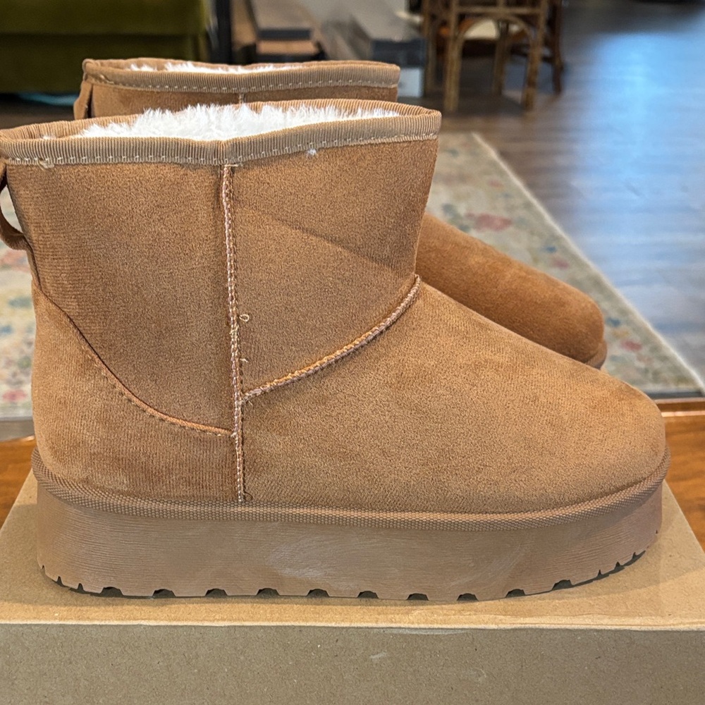 Bonnibel Dorah Chestnut Suede Platform Faux Fur Lined Ankle Boots new in box - Picture 4 of 7